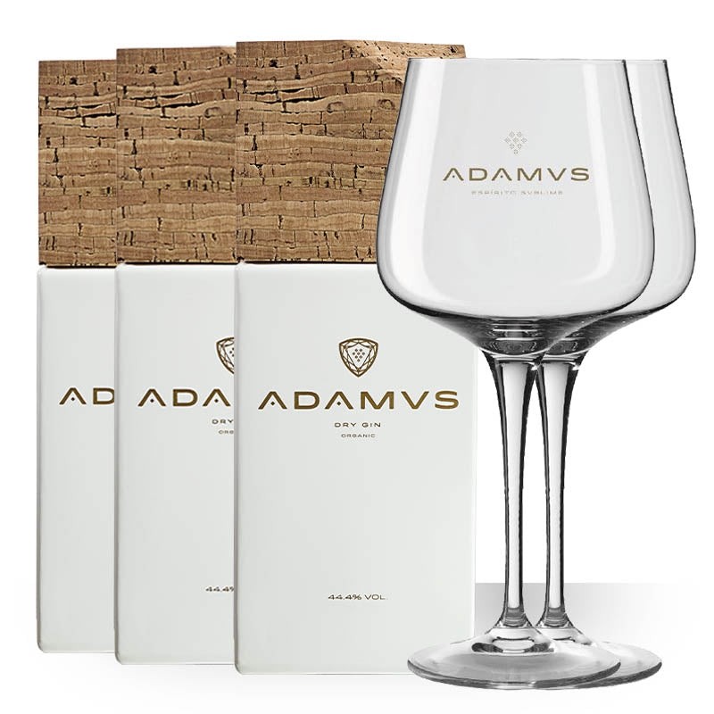 Adamus Pack of 3 Organic Dry Gin 70cl & 2 Free Glasses